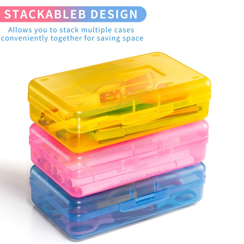 Sooez 3 Pack Pencil Case, Large Hard Pencil Box Bulk, Clear Crayon Box Marker Pen Organizer, Plastic Storage Container with Snap Lid, Art Craft Organizer Back to School Supplies, Colorful - Image 5
